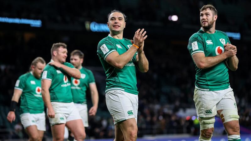 James Lowe and Caelan Doris celebrate Ireland’s win at Twickenham. Photograph: James Crombie/Inpho