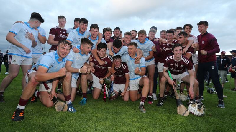 Galway celebrate after beating Dublin in the Leinster U20 hurling final at MW Hire O’Moore Park in Portlaoise. Photograph: Lorraine O’Sullivan/Inpho