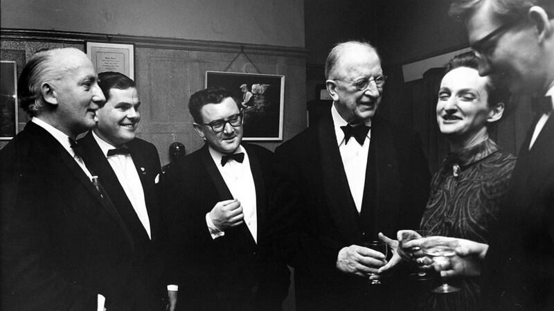 At the Ó Riada sa Gaiety Concert, March 1969, from left: Seán Ó Riada, Seán Ó Sé, Niall Toibín, President Éamon de Valera, Ruth Ó Riada and Breandán Ó Buachalla. Photograph: Gael Linn