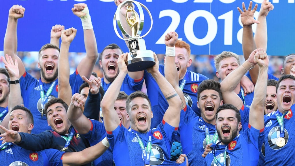 France celebrate their victory in the World Rugby U-20 Championship final against England. Photograph: Levan Verdzeuli/Getty Images