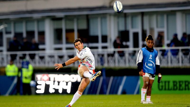 Ian Keatley kicks for goal during Benetton’s defeat to Leinster at The RDS. Photograph: Ryan Byrne/Inpho