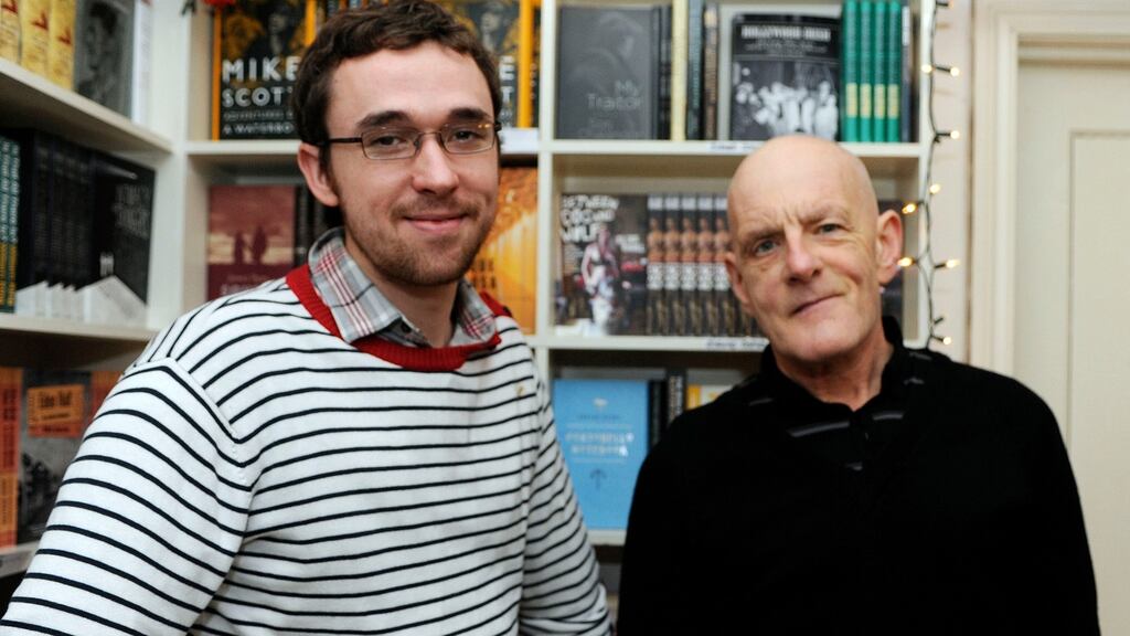 Pictured at a Lilliput Press Christmas party in 2013 are Luke Sheehan (L) and Desmond Hogan. File photograph: Dave Meehan