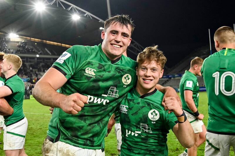 Ireland players celebrate after the game. Photograph: Darren Stewart/Inpho/SteveHaagSports
