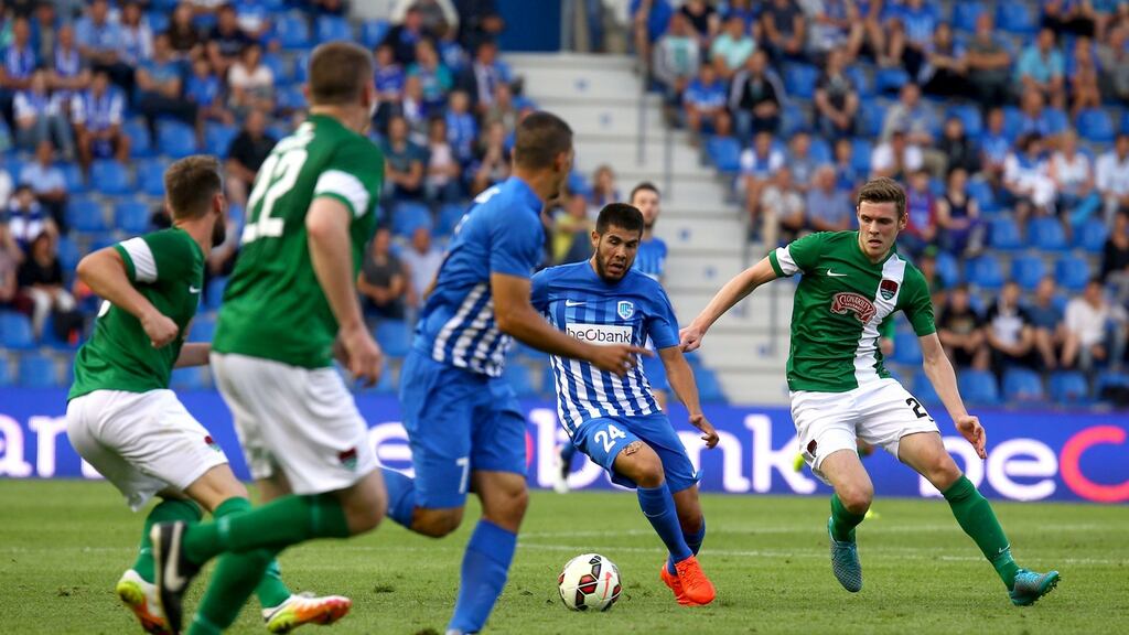 Action from the first leg in Genk, which Cork lost 1-0. Photograph: Jeffrey Gaens/Inpho