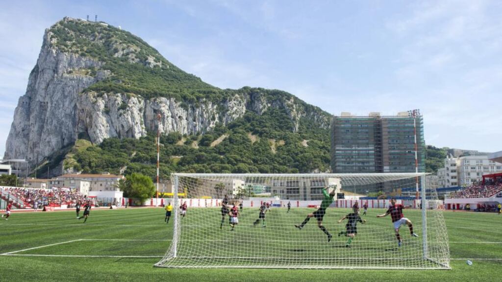 Lincoln Red Imps FC and College Europa FC’s players take part in the Gibraltar Cup final football match at the Victoria Stadium in Gibraltar on May 10th, 2014. Photograph: Marcos Moreno/AFP/Getty Images