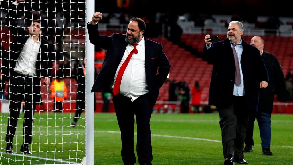 Olympiakos’ president Evangelos Marinakis – who has since tested positive for coronavirus – met a number of Arsenal players after the Europa League clash last week. Photo: Adrian Dennis/AFP via Getty Images