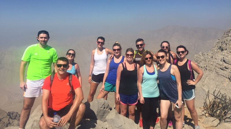 Lisa Donohue and friends at the top of Jebel Jais, the highest point of the UAE situated in the Emirate of Ras al Khaimah, an hour outside of Dubai.