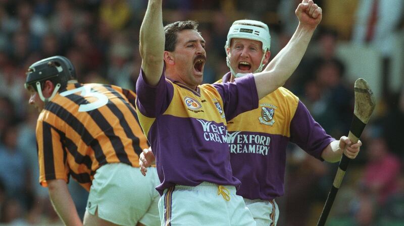 Billy Byrne and Tom Dempsey celebrate Wexford’s winning goal against Kilkenny in the 1997 Leinster  hurling final. Photograph: Inpho