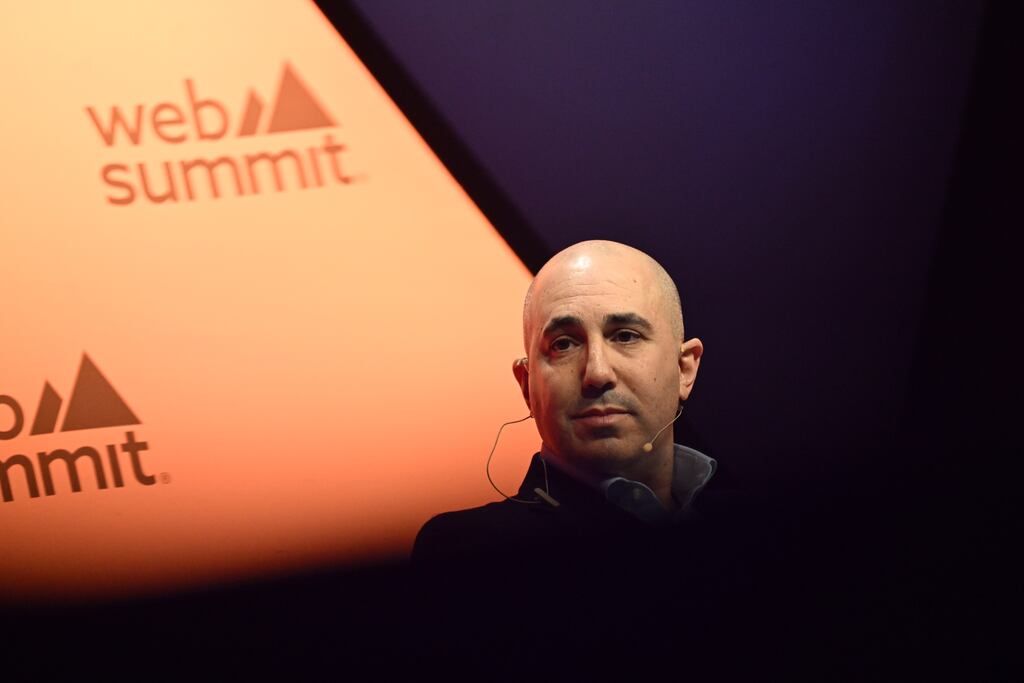 Omar Berrada, chief executive officer of Manchester United, on stage at the Web Summit conference in Lisbon, Portugal, on Tuesday. Photograph: Zed Jameson/Bloomberg