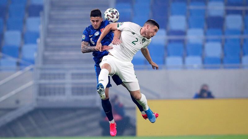 Slovakia’s Róbert Mazánchallenges Matt Doherty of Ireland during the Uefa Euro 2020 playoff semi-final at the Tehelné Pole Stadium in Bratislava. Photograph: Tommy Dickson/Inpho