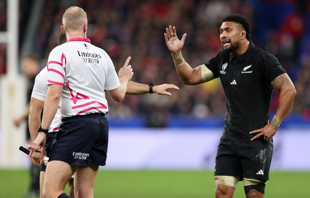 Ardie Savea of New Zealand argues with referee Wayne Barnes during the Rugby World Cup final against France at Stade de France. Photograph: Paul Harding/Getty Images