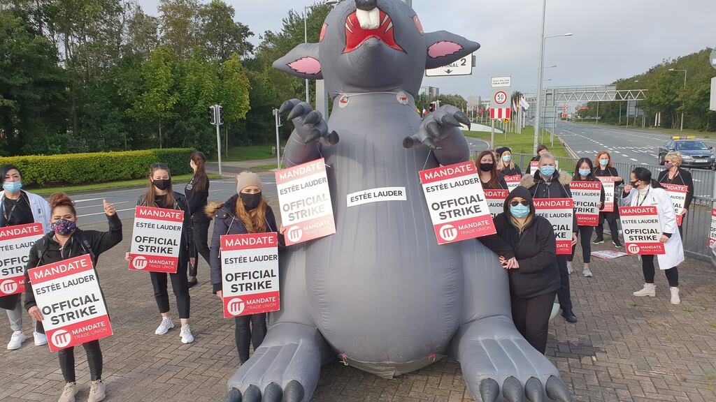 Estée Lauder staff striking outside Dublin Airport on Friday. Photograph: Mandate