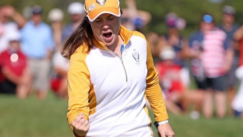 Leona Maguire of Team Europe reacts to her putt on the 14th green during the Solheim Cup at the Inverness Club in Toledo, Ohio. Photograph: Gregory Shamus/Getty Images