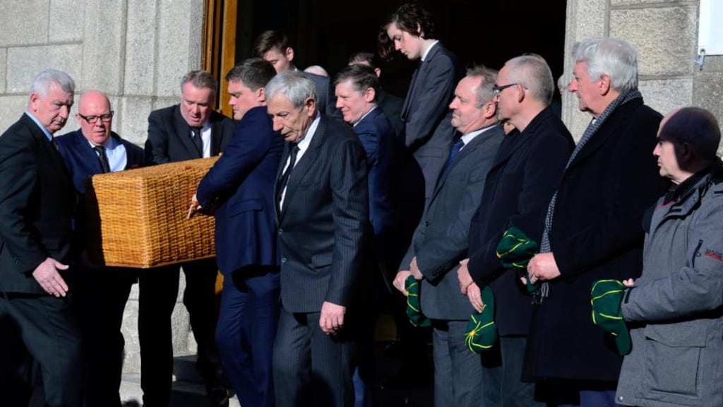 Family and members of the Cavaliers Cricket Club at the funeral of Fergus Linehan in Blackrock, Co Dublin. Photograph: Cyril Byrne / The Irish Times
