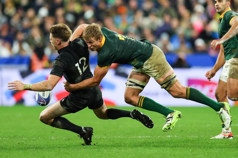 South Africa’s Pieter-Steph du Toit tackles Jordie Barrett of New Zealand. Photograph: James Crombie/Inpho