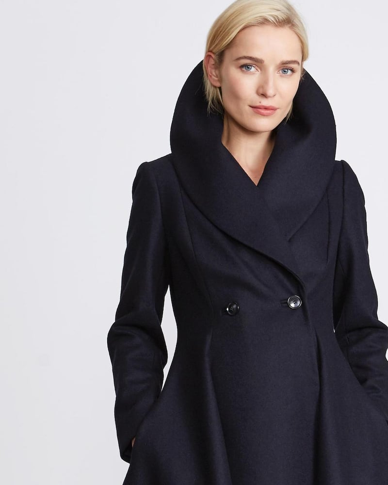 Peter O’Brien for Dunnes Stores: shawl-collared coat in melton with navy-velvet hem, €350