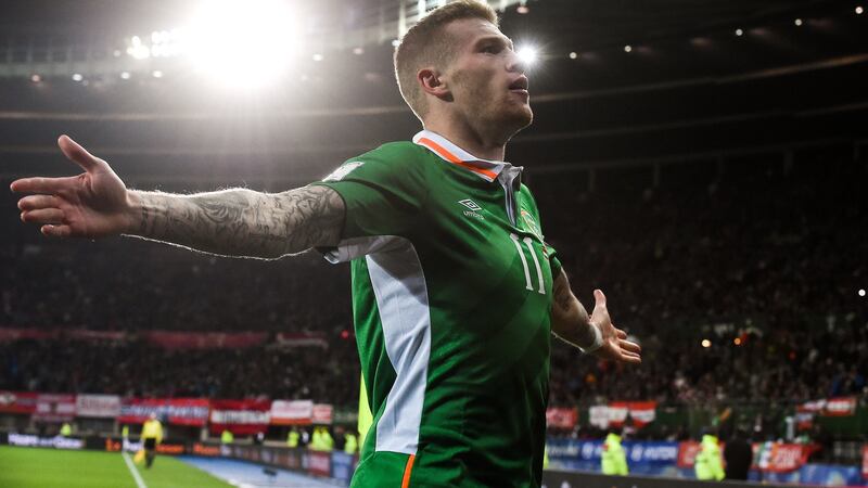 McClean celebrates after giving Ireland a huge win away to Austria. Photo: David Maher/Sportsfile via Getty Images
