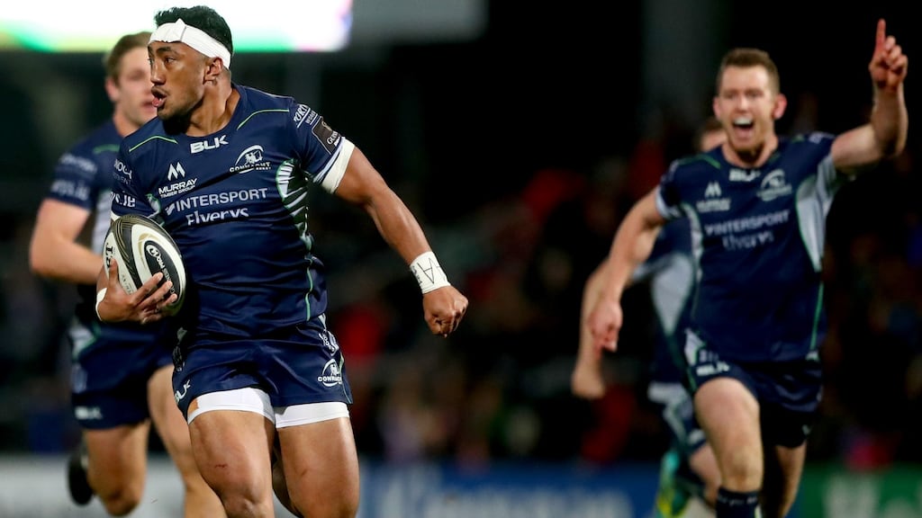 Bundee Aki races clear to score Connacht’s third try in Belfast. Photograph: James Crombie/Inpho
