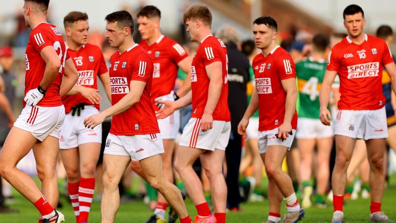 Dejected Cork players after the Munster SFC semi-final defeat to Kerry at Páirc Uí Rinn. Photograph: James Crombie/Inpho