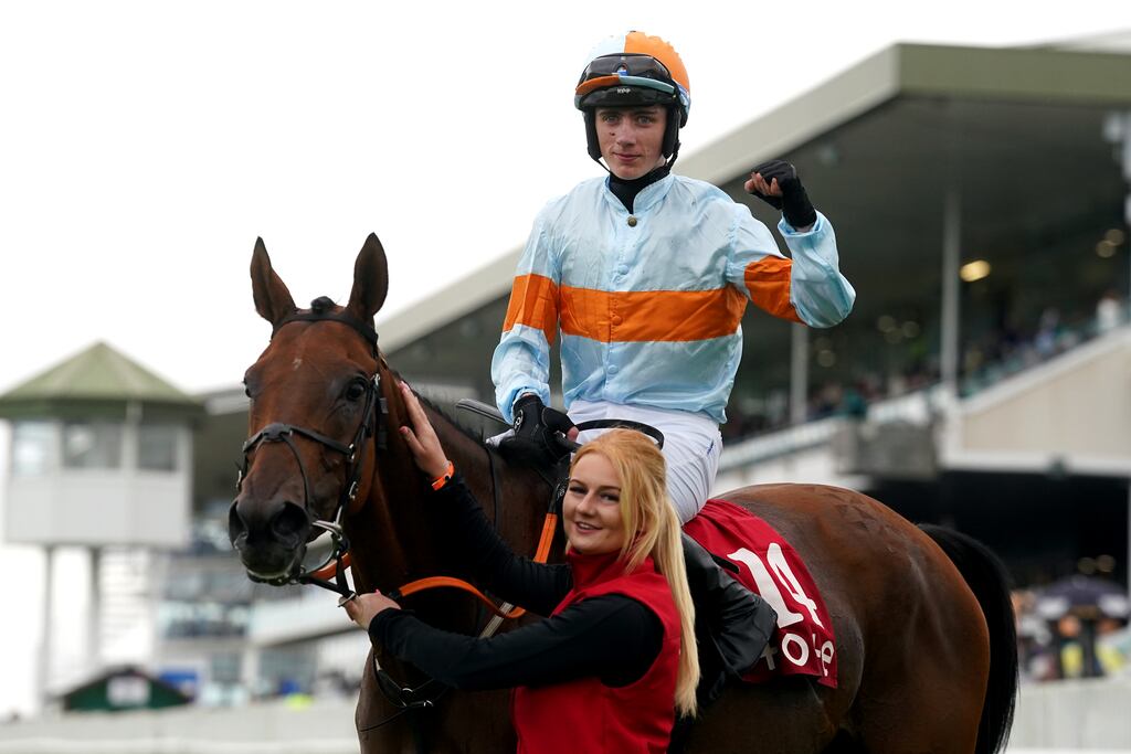 Ash Tree Meadow ridden by jockey Danny Gilligan celebrates winning the Tote Galway Plate (Handicap Chase) during day three of the Galway Races. Photograph: Brian Lawless/PA Wire