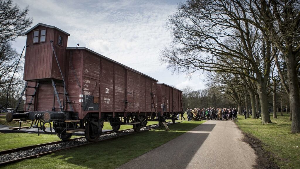 Two original railway boxcars from the Westerbork transit camp at the memorial centre in Hooghalen, the Netherlands. Photograph: Siese Veenstra/EPA