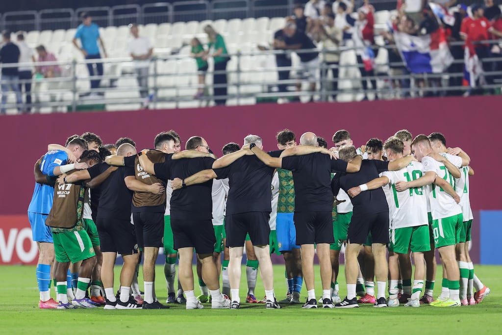 A view on a Irish huddle after the match. Photograph: Inpho