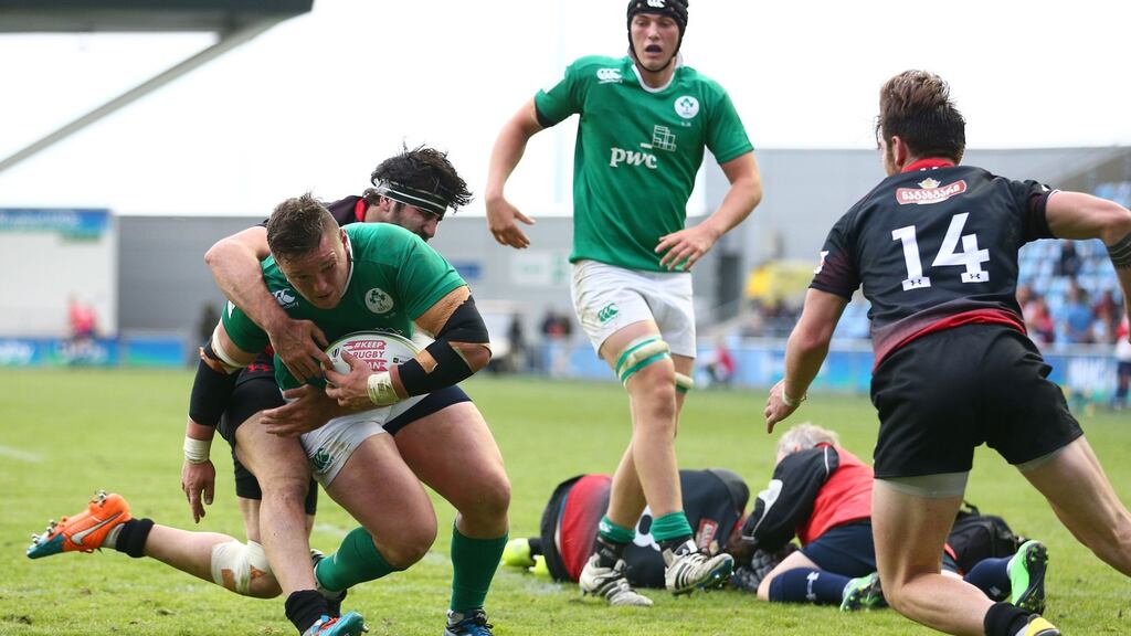 Ireland’s Andrew Porter scores the final try of the match during the Under 20’s Rugby Union World Cup match against New Zealand. Photograph: Dave Thompson/PA Wire