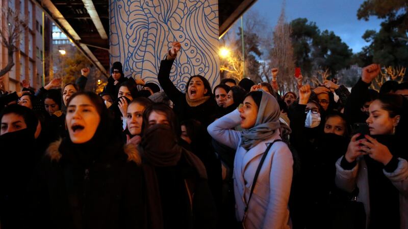 Iranians protest to show their sympathy to victims of Ukraine International Airlines Boeing 737-800 in front of the Amir Kabir University in Tehran, Iran, January 11th 2020. Photograph: Abedin Taherkenareh/EPA