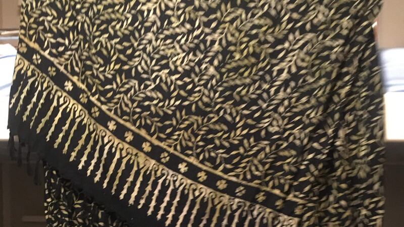 “It has been a scarf, a towel, a skirt, a wall hanging, a headscarf in several churches, a pillow on trains, a curtain over my bed or bunk, a backpack and a handbag”