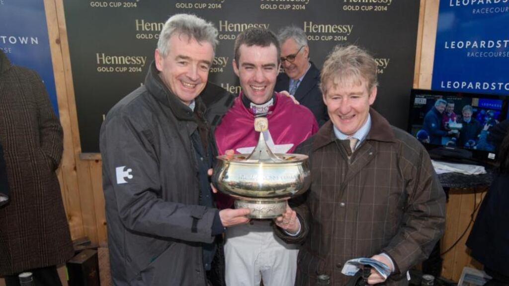 Owner Michael O’Leary, jockey Brian O’Connell and trainer Phillip Fenton celebrate Last Instalment’s victory in the Gold Cup. Photograph: Inpho/Morgan Treacy