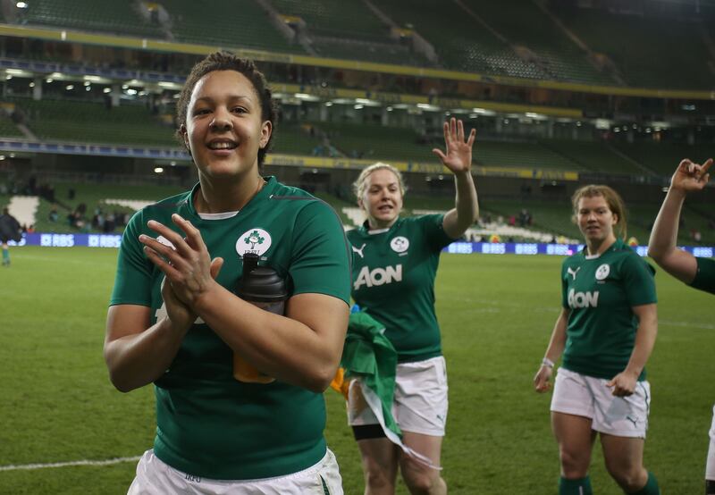 RBS Women's Six Nations Championship 2014, Ireland vs Italy: Sophie Spence celebrates after the game. Photograph: Stephen Langan/Inpho