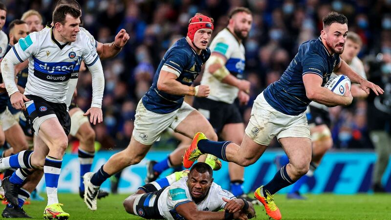 Leinster’s Rónan Kelleher is tackled but gets back up to run in a try. Photograph: James Crombie/Inpho