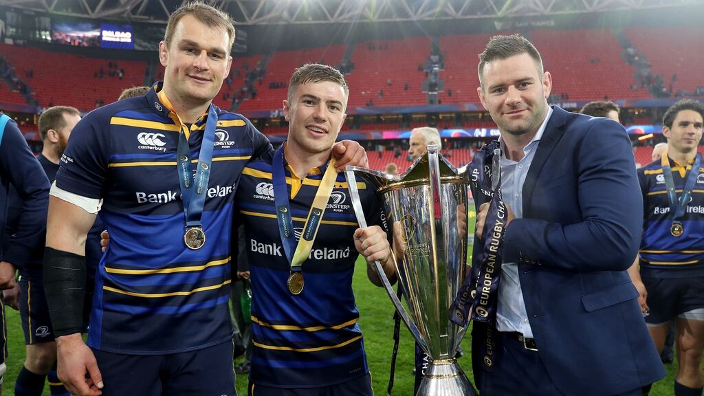 Leinster’s Rhys Ruddock, Luke McGrath and Fergus McFadden celebrate with the Champions Cup trophy after beating Racing 92 at San Mames Stadium, Bilbao, Spain. Photograph: Dan Sheridan/Inpho