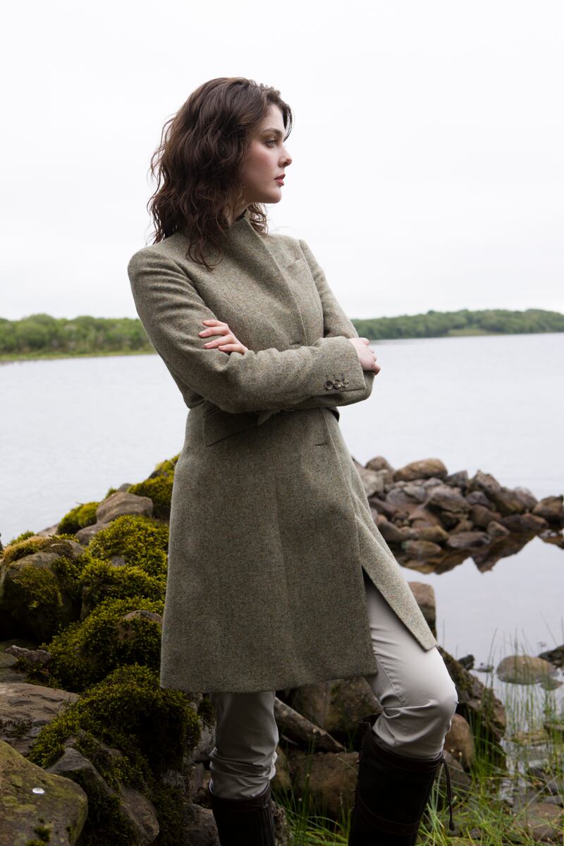 Donegal tweed coat in green and salt and pepper, €449, Magee. Photograph: Suzy McCanny Photography