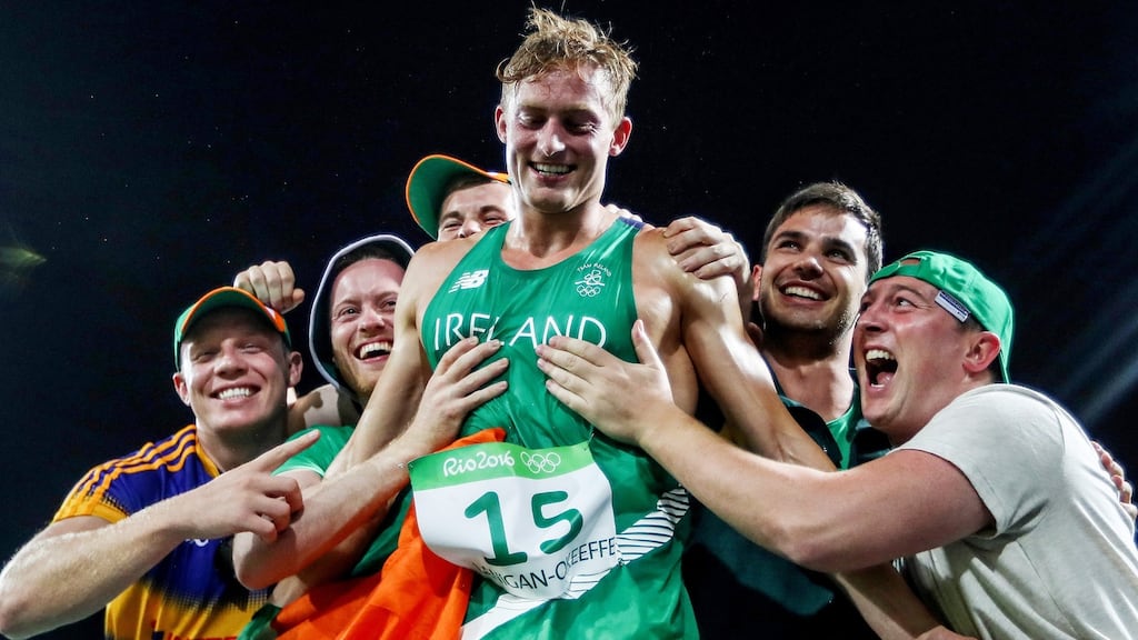 Arthur Lanigan-O’Keeffe is congratulated by friends after finishing eighth in the final of the men’s pentathlon at the Olympic Games in Rio. Photograph: James Crombie/Inpho