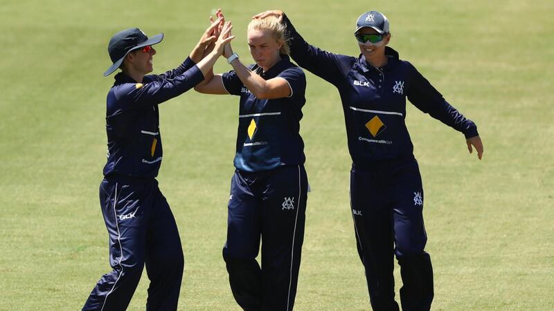 Kim Garth of Victoria celebrates taking the wicket of Rachel Trenaman of the NSW Breakers during the WNCL match between Victoria and New South Wales in Melbourne on February 10th. Photograph: Robert Cianflone/Getty Images