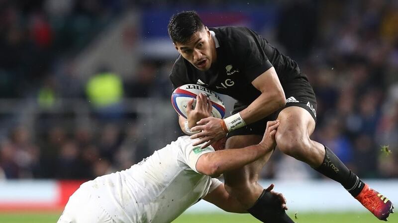 Rieko Ioane of the All Blacks is tackled in the recent England game. Photograph: Phil Walter/Getty Images