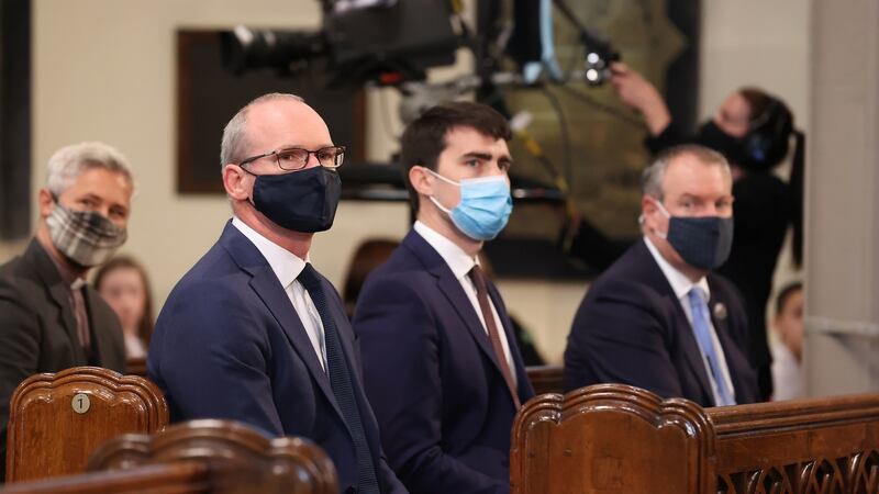 Minister for Foreign Affairs Simon Coveney and Government chief whip Jack Chambers attend a service to mark the centenary of Northern Ireland at St Patrick’s Cathedral in Armagh. Photograph: Liam McBurney/PA Wire