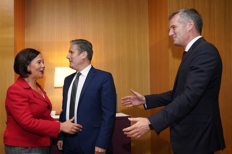UK Labour leader Keir Starmer meets Sinn Féin president Mary Lou McDonald with shadow Northern Ireland secretary Peter Kyle in Belfast on Thursday.