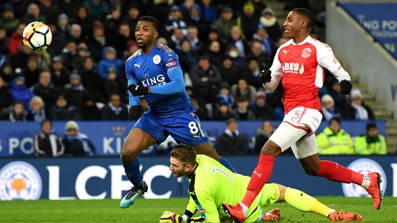 Kelechi Iheanacho scores his second goal for Leicester City in the FA Cup third-round replay against Fleetwood Town at The King Power Stadium. Photograph: Michael Regan/Getty Images