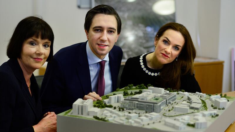 From left, Kay Connolly, chief operations officer; Simon Harris, Minister for Health and Dr Rhona Mahony, Master of the National Maternity Hospital, with a model of the new hospital at St Vincent’s Hospital in March. File photograph: Cyril Byrne/The Irish Times