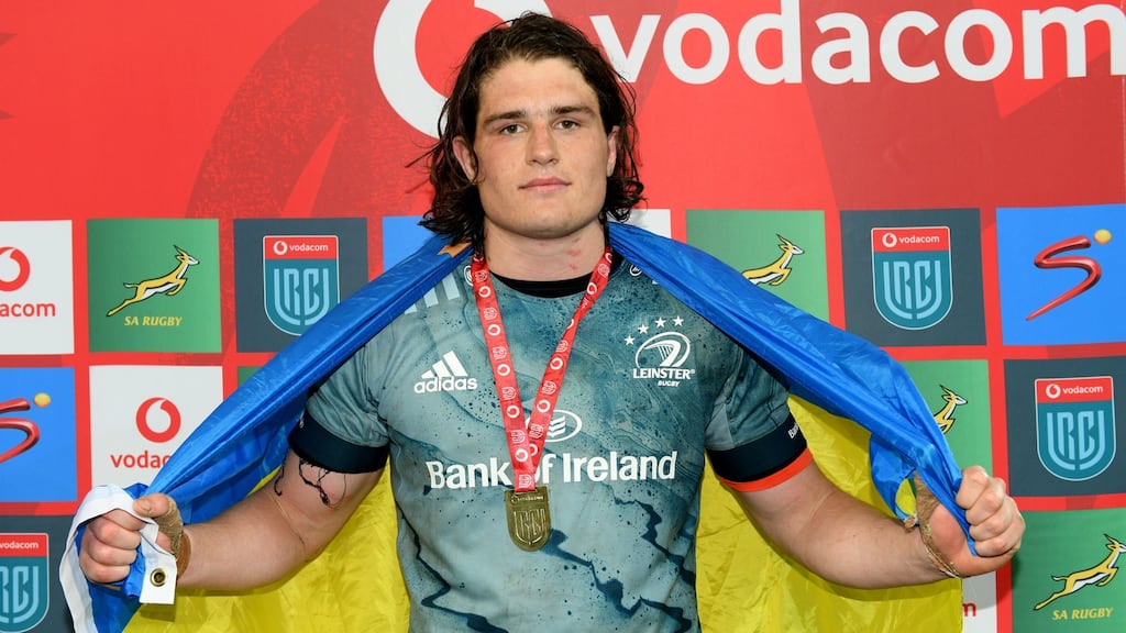 Leinster’s Alex Soroka is presented with the URC Player of the Match medal. Photograph: Thinus Maritz/Inpho