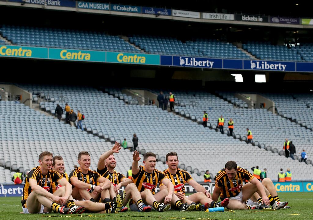 Kilkenny's Joe Lyng, Padraig Walsh, Cillian Buckley, Conor Fogarty, Paul Murphy, Kieran Joyce and Ger Aylward enjoy the after match celebrations. Photograph: Ryan Byrne/Inpho