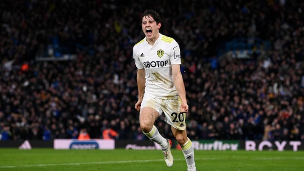 Dan James celebrates scoring Leeds’ third goal. Photograph: Stu Forster/Getty Images