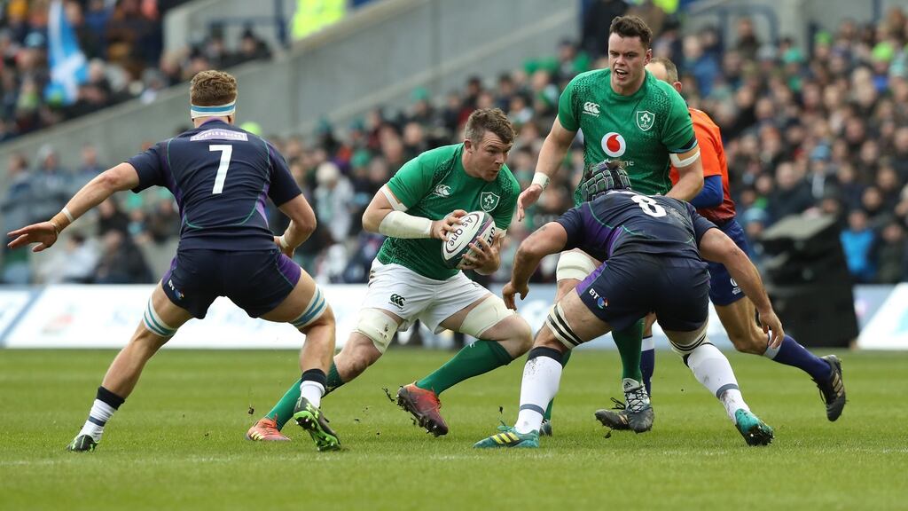 Ireland’s Peter O’Mahony on the ball during the Six Nations match against Scotland at Murrayfield. Photograph: David Rogers/Getty Images