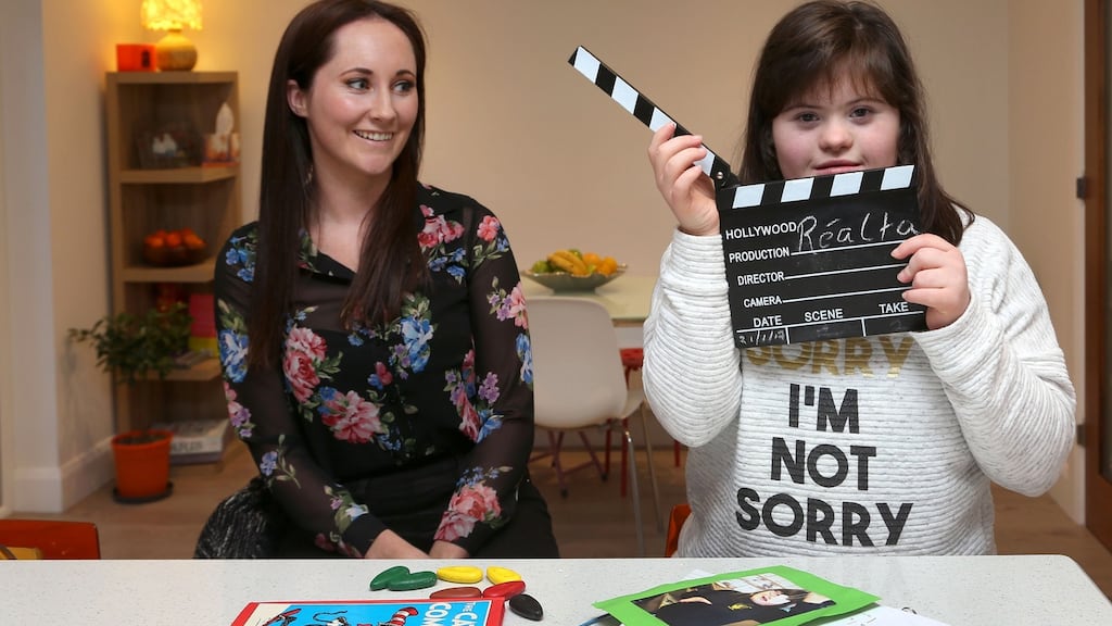Róisín Lavelle (15) at the end of a drama class session in her home with Michelle O’Grady of the Realta School of Speech and Drama in Galway. Photograph: Joe O’Shaughnessy