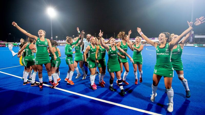 Ireland’s players celebrate qualifying for the 2020 Tokyo Olympics after the second leg of the playoff against  Canada at Donnybrook. Photograph: Morgan Treacy/Inpho