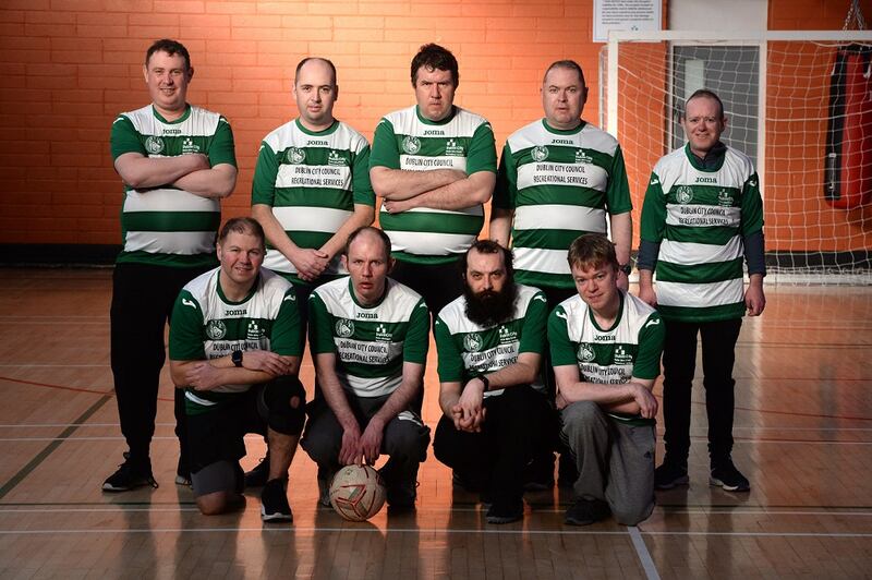 North County Dublin Mental Health football team, Over The Line. Back row from left: Ivan Carroll, James Teelan, Gareth Elliott, Martin Maloney and Anthony Conway. Front row: Shane Manton (clinical nurse specialist) David Withero, Mark Baldwin, and Kevin McMahon. Photograph: Dara Mac Dónaill