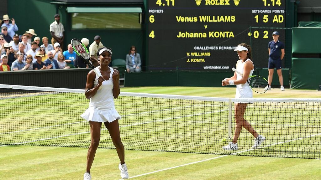 Venus Williams celebrates after beating Johanna Konta in their women’s singles semi-final at Wimbledon. Photo: Glyn Kirk/Getty Images