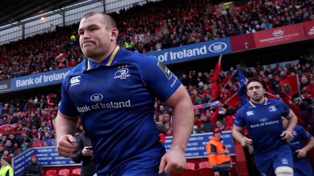 Jack McGrath leading his team out as Leinster captain against Munster: 'It was a massive honour and a bit of a surprise to be honest.' Photograph: Dan Sheridan/Inpho